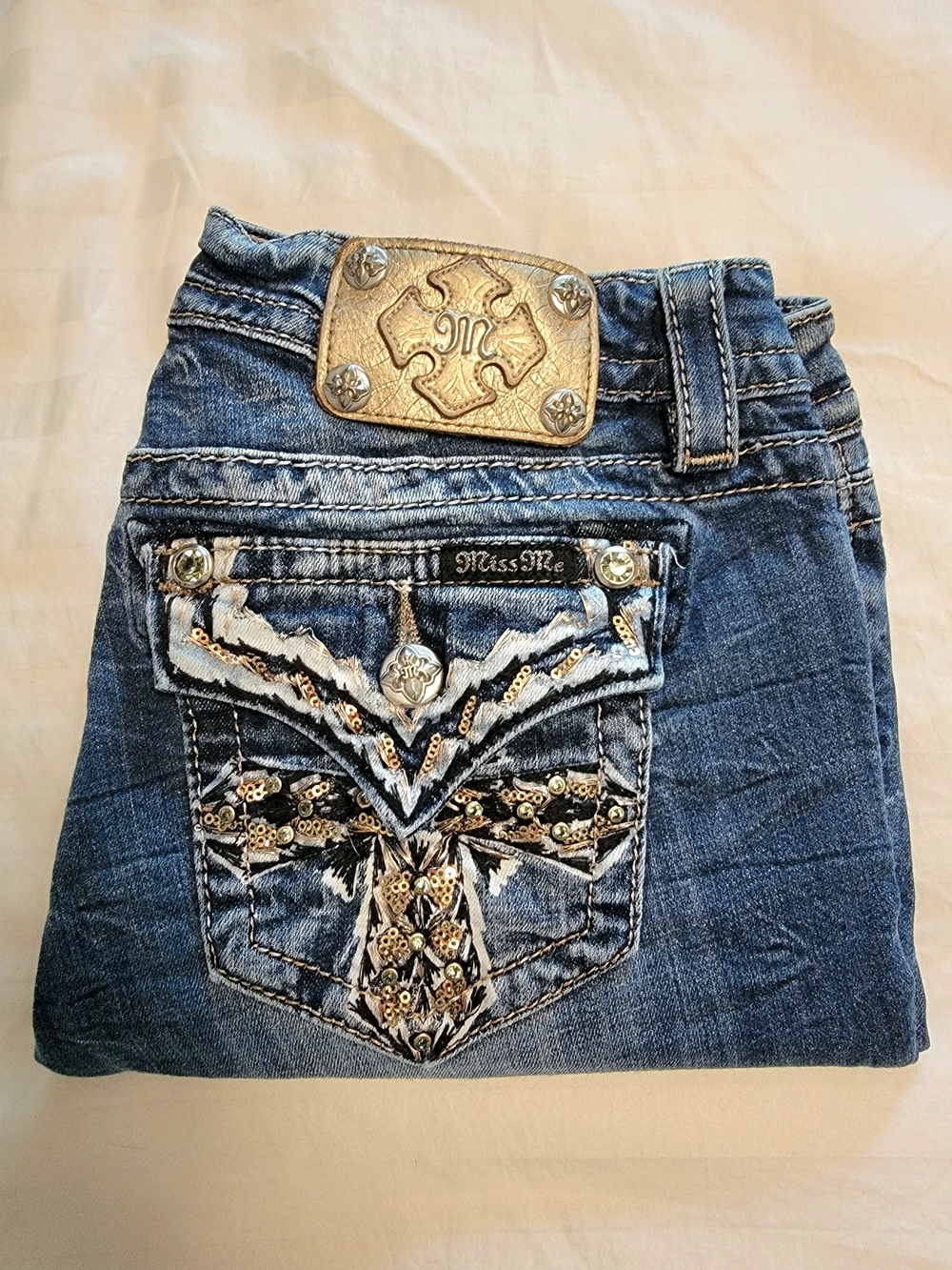 Miss Me Gold Sequined Cross Medium Wash Skinny Cut Jeans, Size 29